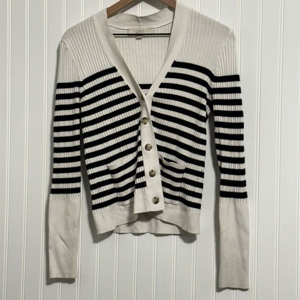 LOFT Striped Ribbed Knit Cardigan Women's M Black‎ White Breton V-Neck Sweater